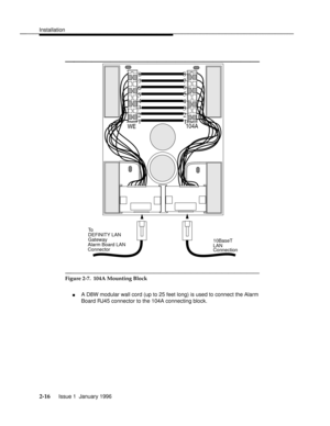 Page 35Installationbbbbbbbbbbbbbbbbbbbbbbbbbbbbbbbbbbbbbbbbbbbbbbbbbb
bbbbbbbbbbbbbbbbbbbbb
1 234 567 88
7
6
5
4
3
2
1
WE104A
Alarm Board LAN
Connector10BaseT
LAN
Connection
To
DEFINITY LAN
Gateway
bbbbbbbbbbbbbbbbbbbbbbbbbbbbbbbb
Figure 2-7.  104A Mounting Block
A D8W modular wall cord (up to 25 feet long) is used to connect the Alarm
Board RJ45 connector to the 104A connecting block.
2-16  Issue 1  January 1996 