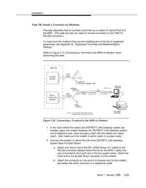 Page 40Installationbbbbbbbbbbbbbbbbbbbbbbbbbbbbbbbbbbbbbbbbbbbbbbbbbb
Task 7B: Install a Terminal via Modems
This task describes how to connect a terminal via a modem to Admin/Port B of
the MFB.  (This task can also be used for remote connection to the TN2170
RS-232 connector.)
To make sure the modems that you are installing are on the list of supported
peripherals, see Appendix B, ``Supported Terminals and Modems/Option
Settings.
Refer to Figure 2-10, Connecting a Terminal to the MFB via Modem, when
performing...