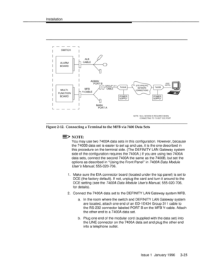 Page 44Installationbbbbbbbbbbbbbbbbbbbbbbbbbbbbbbbbbbbbbbbbbbbbbbbbbb
bbbbbbbbbbbbbbbbbbbbbbbb
POWER
SUPPLY
GROUP 311
CABLE
SWITCH
ALARM
BOARD
MFB
Y-CABLE
ADMIN/
MAIN/
MULTI-
BOARD FUNCTIONALB
CABLE
(SEE
NOTE:  NULL MODEM IS REQUIRED WHENPORT B
PORT A
CONNECTING TO 715 BCT DCE PORT
7400A7400B
POWER
SUPPLY
NOTE)SITE-SPECIFIC
NETWORK
CONNECTIONS
bbbbbbbbbbbbbbbbbbbbbbbbbbbbbbbbbbbb
Figure 2-12.  Connecting a Terminal to the MFB via 7400 Data Sets
NOTE:
You may use two 7400A data sets in this configuration....