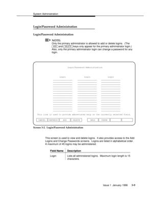 Page 70System Administrationbbbbbbbbbbbbbbbbbbbbbbbbbbbbbbbbbbbbbbbbbbbbbbbbbb
Login/Password Administrationbbbbbbbbbbbbbbb
Login/Password Administration
NOTE:
Only the primary administrator is allowed to add or delete logins.  (The
ADD and DELETE keys only appear for the primary administrator login.)
Also, only the primary administrator login can change a password for any
login.
This line is used to provide abbreviated help on the currently selected field.Login/Password Administration
Login
________________...