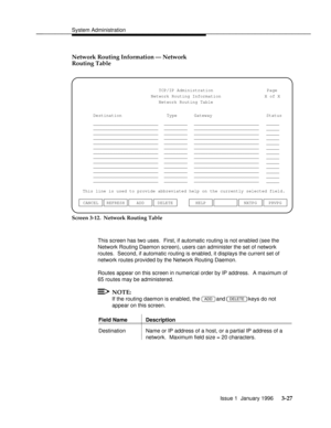 Page 88System Administrationbbbbbbbbbbbbbbbbbbbbbbbbbbbbbbbbbbbbbbbbbbbbbbbbbb
Network Routing Information Ð Network
Routing Table
This line is used to provide abbreviated help on the currently selected field.TCP/IP Administration
Network Routing Information
Network Routing Table
DestinationPage
X of X
_________________________
_________________________
_________________________
_________________________
_________________________
_________________________
_________________________
_________________________...