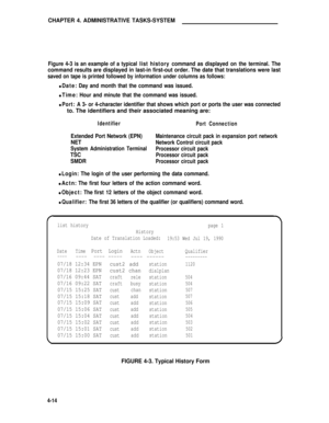Page 47CHAPTER 4. ADMINISTRATIVE TASKS-SYSTEM
Figure 4-3 is an example of a typical list history command as displayed on the terminal. The
command results are displayed in last-in first-out order. The date that translations were last
saved on tape is printed followed by information under columns as follows:
l Date: Day and month that the command was issued.
l Time: Hour and minute that the command was issued.
l Port: A 3- or 4-character identifier that shows which port or ports the user was connected
to. The...