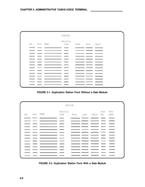 Page 53CHAPTER 5. ADMINISTRATIVE TASKS-VOICE TERMINAL
STATION
Security
Name
CodeExtPortRoom
JackCable
FIGURE 5-1. Duplication Station Form Without a Data Module
STATION
Security
Code
Data
Ext
Data
NameExtPortNameRoomJackCable
FIGURE 5-2. Duplication Station Form With a Data Module
5-6 