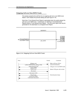 Page 346Call Scenarios and Applicationsbbbbbbbbbbbbbbbbbbbbbbbbbbbbbbbbbbbbbbbbbbbbbbbbbb
Outgoing Call over Non-ISDN Trunkbbbbbbbbbbbbbbb
This section presents the call flow for an outgoing call over a non-ISDN trunk.
Station 1234 initiates this preview dialing call (see Figure A-16).
Note that a Trunk Seized Event Report is generated when the switch places the
call over a non-ISDN trunk.  Furthermore, no Alerting or Connected Event
Reports follow a Trunk Seized Event Report.  The only event report that may be...