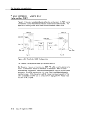 Page 349Call Scenarios and Applicationsbbbbbbbbbbbbbbbbbbbbbbbbbbbbbbbbbbbbbbbbbbbbbbbbbb
7. User Scenarios Ð User to User
Information (UUI)
bbbbbbbb
Figure A-18 shows a typical distributed call center configuration. An ASAI host is
connected to each of the switches and calls are delivered to either switch.  The
applications running on the ASAI hosts are not connected to each other.
bbbbbbbbbbbbbbbbbbbbb
ISDN PRI
Non PRI
VRU Port1VDN11
VDN0
VDN2
VDN1
VRU Split1
ACD SplitAASAI ASAI
AdjunctASAI
AdjunctASAIVDN3...