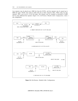 Page 623-8DS1 TRANSMISSION AND CABLING
Line repeaters may be placed up to 3000 feet from the NCTEs, and line repeaters may be spaced up to
6000 feet apart. NCTEs must still be within 655 feet of their respective DS1s. When using two line
repeaters, DS1s can be up to 13,310 feet apart. This distance may be extended in increments of 6000
feet by using additional line repeaters. Figure 3-2-C, On-Premises Metallic-Cable Configurations, shows½
this configuration.
DS1DS1
655 FT655 FT
MAXIMUM
MAXIMUM
DSX-1 PHANTOM...