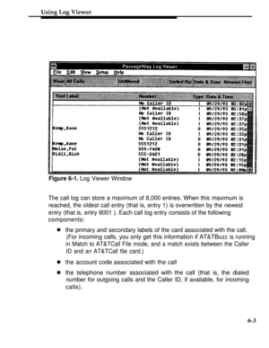 Page 230Using Log Viewer
Figure 6-1. Log Viewer Window
The call log can store a maximum of 8,000 entries. When this maximum is
reached, the oldest call entry (that is, entry 1) is overwritten by the newest
entry (that is, entry 8001 ). Each call log entry consists of the following
components:
n
n
nthe primary and secondary labels of the card associated with the call.
(For incoming calls, you only get this information if AT&TBuzz is running
in Match to AT&TCall File mode, and a match exists between the Caller
ID...