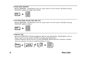 Page 17nUsing System SpeedCall
l Press MEMORY. (Speakerphone turns on. If you want to use the receiver, lift before pressing
MEMORY). l Dial two-digit code (30-99).
nLast Number Redial (manually dialed digits only)
l Press MEMORY. (Speakerphone turns on. If you want to use the receiver, lift before pressing
MEMORY). 
l Dial 0 (zero).
nIntercom Call
l Press INTERCOM. 24-button telephone: l Press auto-dial button. (Speakerphone turns on.
If you want to use the receiver, lift before pressing auto-dial button.)...