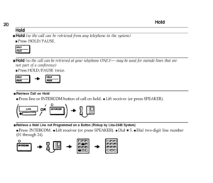 Page 2220Hold
Hold
n Hold (so the call can be retrieved from any telephone in the system)
l Press HOLD/PAUSE.
n Hold (so the call can be retrieved at your telephone ONLY— may be used for outside lines that are
not part of a conference)
l Press HOLD/PAUSE  twice.
n Retrieve Call on Hold
l Press line or INTERCOM button of call on hold. l Lift receiver (or press SPEAKER).
n Retrieve a Held Line not Programmed on a Button (Pickup by Line-2448 System)
l Press INTERCOM. l Lift receiver (or press SPEAKER). l Dial Q 5....