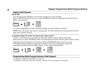 Page 3230Paging/ Programming Multi-Purpose Buttons
Paging (2448 System)
nGroup Page
You can page all the telephones in one group. See page 5 for a list of groups.
l Press INTERCOM. l Lift receiver (or press SPEAKER). l Dial two-digit
Make announcement.group number (61-66).
If you have programmed a button for group paging, press that button (see below).
NOTE: Only one person may answer a group page. All other extensions are disconnected from the
page when someone answers.
n Loudspeaker Paging (For systems with...