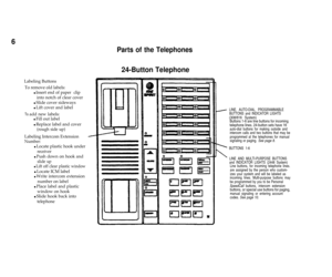 Page 86
Labeling Buttons
To remove old labels:
l Insert end of paper  clip
into notch of clear cover
l Slide cover sideways
l Lift cover and label
To add new labels:
l Fill out label
l Replace label and cover
(rough side up)
Labeling Intercom Extension
Number:
l Locate plastic hook under
receiver
l Push down on hook and
slide up
l Lift off clear plastic window
l Locate ICM label
l Write intercom extension
number on label
l Place label and plastic
window on hook
l Slide hook back into
telephone
Parts of the...