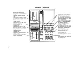 Page 96-Button Telephone
MESSAGE WAITING INDICATORShows that you have a message waiting.See page 22.
HANDS-FREE ANSWER INDICATOR
LIGHT
Shows whether the Hands-Free Answer
on Intercom feature is on or off. Turned.
on and off using the MUTE/HFAl button.
See page 12.
VOLUME CONTROLAdjusts the volume of the ringer. speaker.
and receiver. See page 37.
MUTE/HFAl BUTTON and
INDICATOR LIGHTUsed to turn off the sound to the otherperson. Also used to turn on and off theHands-Free Answer on Intercom feature.
See pages 12...