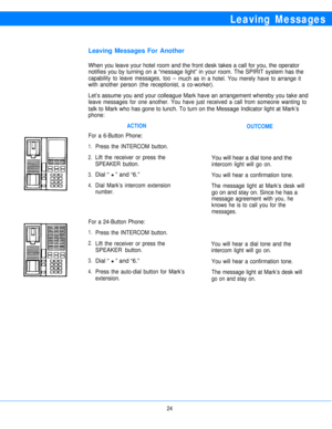 Page 26Leaving Messages
Leaving Messages For Another
When you leave your hotel room and the front desk takes a call for you, the operator
notifies you by turning on a “message light” in your room. The SPIRIT system has the
capability to leave messages, too –
much as in a hotel. You merely have to arrange it
with another person (the receptionist, a co-worker).
Let’s assume you and your colleague Mark have an arrangement whereby you take and
leave messages for one another. You have just received a call from...
