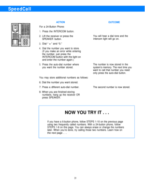 Page 33SpeedCall
ACTION
For a 24-Button Phone:
1.
2.
3.
4.
5.
Press the INTERCOM button.
Lift the receiver or press the
SPEAKER button.
Dial “ H ” and “0.”
Dial the number you want to store.
(If you make an error while entering
the number, just press the
INTERCOM button with the light on
and enter the number again.)
Press the auto-dial number where
you want the number stored.
You may store additional numbers as follows:
6. Dial the number you want stored.
7. Press a different auto-dial number.
8. When you are...