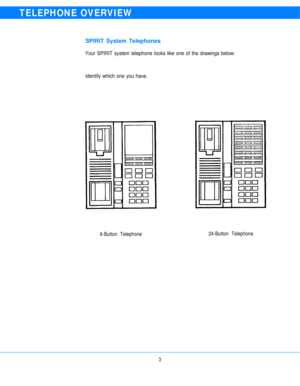 Page 5TELEPHONE OVERVIEW
SPIRIT System Telephones
Your SPIRIT system telephone looks like one of the drawings below:
Identify which one you have.
6-Button Telephone24-Button Telephone
3 