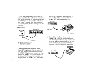 Page 154-Wire CordsSTATIONJACK
Sample Answer/
Record Machine
3.
11
CTRLR jack on the back of the ConnecT/R
and connect the other end into the controller.
You can do this either by plugging it into the
STATION jack on the controller or by plug-
ging it into a modular wall jack connected
via a wiring run to the STATION jack on the
controller.
SPIRIT Controller
ConnecT/R
4-Wire Cords
Directly connected by a cord
from one unit to the other, or
connected via a wiring run.
Connect the SPIRIT Telephone to the...