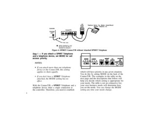 Page 9ACPowerTelephone Device: Fax, Modem, Answer/Record
OutletMachine, Telephone, etc.
Controller
4-Wire Cords
Directly connected by a cordfrom one unit to the other, orconnected via a wiring run.
5
STATIONJACKConnectT/R
Figure 4. SPIRIT ConnecT/R without Attached SPIRIT Telephone
Step 1— If you attach a SPIRIT Telephone
and a telephone device, set MODE for call
access priority.
NOTES:
l
l
If you attach more than one telephone
device to the ConnecT/R, this setting
applies to them equally.
If you dont have a...