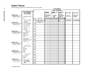 Page 9System Planner
Use this page to plan the customization for your system.
CUSTOMIZING
EACH TELEPHONE
LINE USEAUTOMATIC LINE
PERMISSION
SELECTION
No Permission
Full Permission†Not EligibleEligible†LINES
CUSTOMIZING
THE SYSTEMLINE RlNGlNGOPTIONSNIGHT RINGINGOUTSIDE SERVICE
No RingNormal Ring†Abbreviated RingDelayed Ring
INCOMING LINE 1Outward Restricted
Unrestricted †
Toll Restricted Normal RingProgrammed Ring†AUTOMATIC PRIVACY
Off —
On † —
TOLL CALL CHECK
1 Required † 
1 Not Required 
HELD CALL REMINDER
0...