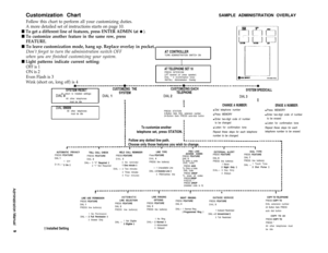 Page 10Customization ChartSAMPLE ADMINISTRATION OVERLAY
Follow this chart to perform all your customizing duties.
A more detailed set of instructions starts on page 10.
n To get a different line of features, press ENTER ADMIN (at l ).
n To customize another feature in the same row, press
FEATURE.
n To leave customization mode, hang up. Replace overlay in pocket. 
Don’t forget to turn the administration switch OFFAT CONTROLLER
when you are finished customizing your system.
n Light patterns indicate current...