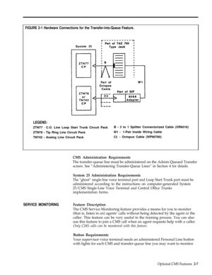 Page 17FIGURE 2-1 Hardware Connections for the Transfer-into-Queue Feature.
LEGEND:
ZTN77 - C.O. Line Loop Start Trunk Circuit PackB - 3 to 1 Splitter Connectorized Cable (OR6016)
ZTN78 - Tip Ring Line Circuit PackW1 -1-Pair Inside Wiring Cable
TN742 - Analog Line Circuit Pack
C2- Octopus Cable (WP90780)
CMS Administration Requirements
The transfer-queue line must be administered on the Admin Queued Transfer
screen. See “Administering Transfer-Queue Lines” in Section 4 for details.  
System 25 Administration...