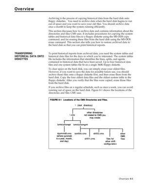 Page 212Overview
Archiving is the process of copying historical data from the hard disk onto
floppy diskettes.You need to archive data when the hard disk begins to run
out of space and you want to save your old files. You should archive data
once a month to keep the system running efficiently.
This section discusses how to archive data and contains information about the
directories and files CMS uses. It includes procedures for copying the system
tables and historical data files to a floppy diskette using the...