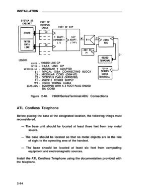 Page 119LEGEND:
ZTN79 -
TN726 -
WP90851-L1 -
B1 -
C1 -
C2 -
P1 -
W1 -
Z3A5 ADU -
HYBRID LINE CP
Figure
DATA LINE CP
MODULAR Y ADAPTER
TYPICAL -103A CONNECTING BLOCK
MODULAR CORD (D8W-87)
OCTOPUS CABLE (WP90780)
KS22911 POWER SUPPLY
INSIDE WIRING CABLE
EQUIPPED WITH A 3 FOOT PLUG-ENDED
EIA CORD
7300H
SERIES
VOICE
TERMINAL
2-40.7300HSeriesTerminal/ADU Connections
ATL Cordless Telephone
Before placing the base at the designated location, the following things must
reconsidered.
— The base unit should be located at...