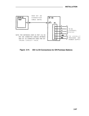 Page 122INSTALLATION
H600 307 .G2
CONNECTOR
CABLE (NOTE)
TO D4
CHANNEL
BANK
NOTE; FOR DISTANCES OVER 50 FEET (15.2 M)
USE C6E CONNECTOR CABLE(S) BETWEEN
H600 307 .G2 CONNECTOR CABLE AND DS1
TRUNK CIRCUIT PACK.TO LOCALLY
PROVIDED -48V
POWER SUPPLY
Figure 2-41.
DS1 to D4 Connections for Off-Premises Stations
2-97 