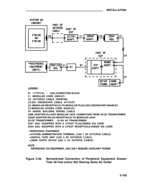 Page 130INSTALLATION
LEGEND :
B1–TYPICAL -103A CONNECTING BLOCK
C1-MODULAR CORD (D8W-87)
C2 -OCTOPUS CABLE (WP90780)
C3-EIA CROSSOVER CABLE (P17U-87)
C4 -MODULAR RECEPTACLE TO MODULAR PLUG ADU CROSSOVER (D8AM-87)
C7-MODULAR POWER CORD (D6AP-87)
W1-INSIDE BUILDING WIRING CABLE
248B ADAPTER-ALLOWS MODULAR JACK CONNECTION FROM 2012D TRANSFORMER
355AF ADAPTER RS-232 RECEPTACLE TO MODULAR JACK
2012D TRANSFORMER -
15-18V AC TRANSFORMER
Z3A1 ADU -EQUIPPED WITH A 3-FOOT PLUG-ENDED EIA CORD
Z3A4 ADU -EQUIPPED WITH A...