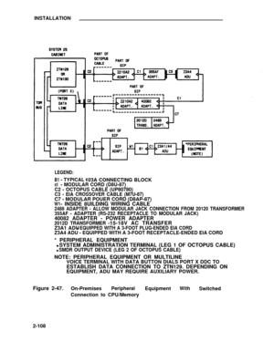 Page 133INSTALLATION
LEGEND:
B1- TYPICAL -103A CONNECTING BLOCK
cl- MODULAR CORD (D8U-87)
C2 - OCTOPUS CABLE (UP80780)
C3 - EIA CROSSOVER CABLE (M7U-87)
C7 - MODULAR POUER CORD (D8AP-87)
W1- INSIDE 8UILDING WIRING CABLE
2488 ADAPTER - ALLOW MODULAR JACK CONNECTION FROM 20120 TRANSFORMER
355AF - ADAPTER (RS-232 RECEPTACLE TO MODULAR JACK)
40082 ADAPTER - POWER ADAPTER
2012D TRANSFORMER -15-18V AC TRANSFER
Z3A1 ADU- EQUIPPED WITH A 3-FOOT PLUG-ENDED EIA CORD
Z3A4 ADU - EQUIPPED WITH A 3-FOOT RECEPTACLE-ENDED EIA...