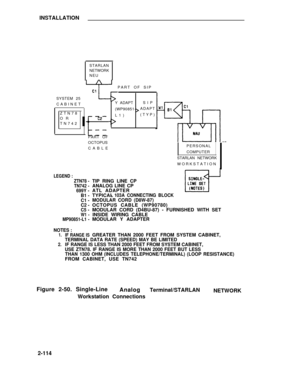 Page 139INSTALLATION
STARLAN
NETWORK
NEU
PART OF SIP
SYSTEM 25
CABINETY ADAPT
(WP90851-
L1)SIP
ADAPT
(TYP) ZTN78
OR
TN742
PART OF
OCTOPUS
CABLEPERSONAL
COMPUTER
STARLAN NETWORK
WORKSTATION
LEGEND :
ZTN78 -
TN742 -
699Y -
B1 -
C1 -
C2 -
C5 -
W1 -MP90851-L1 -
NOTES :1.
2.
IF RANGE IS
TIP RING LINE CP
ANALOG LINE CP
ATL ADAPTER
TYPICAL
- 103A CONNECTING BLOCK
MODULAR CORD (D8W-87)
OCTOPUS CABLE (WP90780)
MODULAR CORD (D4BU-87) - FURNISHED WITH SET
INSIDE WIRING CABLE
MODULAR Y ADAPTER
GREATER THAN 2000 FEET FROM...
