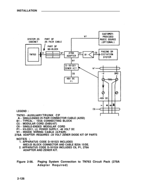 Page 155INSTALLATION
LEGEND :
TN763 - AUXILIARY
A-
B1 -
C5 -
C6 -
P1 -
W1 -
278A
SINGLE-ENDED
TRUNK CP
25 PAIR CONNECTOR CABLE (A25D)
TYPICAL -103A CONNECTING BLOCK
MODULAR CORD (D4BU-87)
SINGLE-ENDED MODULAR CORD
KS-22911, L2, POWER SUPPLY, -48 VOLT DC
INSIDE WIRING CABLE (4-PAIR)
ADAPTER -REQUIRES –24 VOLT ZENER DIODE KIT OF PARTS
NOTES :
1. APPARATUS CODE D-181523 INCLUDES
66E3-25 BLOCK CONNECTOR AND CABLE B25A 15/DE.
2. APPARATUS CODE D-181524 INCLUDES C6, P1, 278A
ADAPTER AND ZENER KIT.
Figure 2-56.Paging...