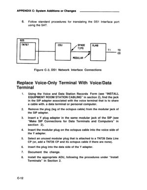 Page 313Figure
C-3.DS1 Network Interface Connections
Replace Voice-Only Terminal With
Terminal
1.
2.
3.
4.
5.
6.
7.
8.
Using the Voice and Data Station Records
Voice/Data
Form (see “INSTALL
EQUIPMENT ROOM STATION CABLING” in section 2), find the jack
in the SIP adapter associated with the voice terminal that is to share
a cable with. a data terminal or personal computer.
Remove the plug (leg of the octopus cable) from the modular jack of
the SIP adapter.
Insert a Y plug adapter in the same modular jack of the...