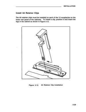 Page 53INSTALLATION
Install 4A Retainer Clips
The 4A retainer clips must be installed on each of the 12 receptacles on the
lower rear panel of the cabinets.To install a clip, position it and insert the
legs in the cabinet as shown in Figure 2-12.
Figure 2-12.4A Retainer Clip Installation
2-29 