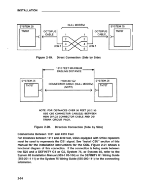 Page 78INSTALLATION
Figure 2-19.Direct Connection (Side by Side)
NOTE: FOR DISTANCES OVER 50 FEET (15.2 M)
USE C6E CONNECTOR CABLE(S) BETWEEN
H600 307,G2 CONNECTOR CABLE AND DS1
TRUNK CIRCUIT PACK.
Figure 2-20.Direction Connection (Side by Side)
Connections Between 1311 and 4310 Feet
For distances between 1311 and 4310 feet, CSUs equipped with Office repeaters
must be used to regenerate the DS1 signal. See “Install CSU” section of this
manual for the installation instructions for the CSU. Figure 2-21 shows a...