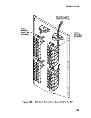 Page 89INSTALLATION
ZZ1OA1
ADAPTER
(MODULAR TO
MODULAR)
PURSE
LOCK CLIP
(TYPICAL)
Figure 2-28.Cut Down Terminations Connected to the SIP
2-65 