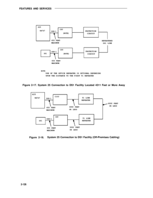 Page 158FEATURES AND SERVICES
S25
TN767CSU
DSX-1
PROTECTION(NOTE)CIRCUIT
655 FEET
REPEATERED
MAXIMUM
DS1 LINE
CSU
DSX-1PROTECTIONDS1(NOTE)CIRCUIT
655 FEET
MAXIMUM
NOTE:USE OF THE OFFICE REPEATER IS OPTIONAL DEPENDING
UPON THE DISTANCE TO THE FIRST T1 REPEATER
Figure 2-17. System 25 Connection to DS1 Facility Located 4311 Feet or More Away
S25
TN767DSX-1T1 LINE
REPEATER
6000 FEET
3000 FEETOR LESS
655 FEET
MAXIMUMOR LESSCSU
CSU
DSX-1T1 LINEDS1REPEATER
655 FEET3000 FEET
MAXIMUMOR LESS
Figure 2-18.System 25...