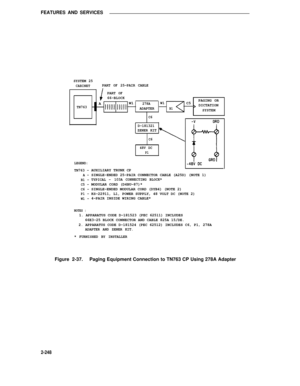 Page 280FEATURES AND SERVICES
SYSTEM 25
CABINETPART OF 25-PAIR CABLE
PART OF
66-BLOCK
PAGING ORAW1278AW1C5TN763DICTATIONADAPTERB1SYSTEM
C6
D-181321
LEGEND:
TN763 -A -
B1 -
C5 -
C6 -
P1 -
W1 -
ZENER KIT
C6
48V DC
P1
AUXILIARY TRUNK CP
SINGLE-ENDED 25-PAIR CONNECTOR CABLE (A25D) (NOTE 1)
TYPICAL -103A CONNECTING BLOCK*MODULAR CORD (D4BU-87)*
SINGLE-ENDED MODULAR CORD (DYB4) (NOTE 2)
KS-22911, L1, POWER SUPPLY, 48 VOLT DC (NOTE 2)
4-PAIR INSIDE WIRING CABLE*
NOTES :1. APPARATUS CODE D-181523 (PEC 62511) INCLUDES...