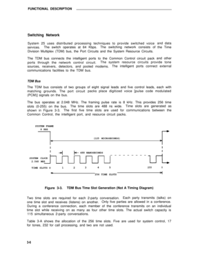 Page 407FUNCTIONAL DESCRIPTION
Switching Network
System 25 uses distributed processing techniques to provide switched voice
services.The switch operates at 64 Kbps.The switching network consists of
Division Multiplex (TDM) bus, the Port Circuits and the System Resource Circuits.
The TDM bus connects the intelligent ports to the Common Control circuit packand data
the Time
and other
ports through the network control circuit.The system resource circuits provide tone
sources, receivers, detectors, and pooled...