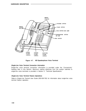 Page 472HARDWARE DESCRIPTION
MEMORY
BUTTONS
PROGRAM BUTTON
FLASH BUTTON
HOLD BUTTON AND LAMP
SPEAKERPHONE BUTTONAND LAMP
MUTE BUTTON
RINGER
VOLUMESPEAKER
CONTROLVOLUME
CONTROLRECEIVER
VOLUME
CONTROL
Figure 4-7.420 Speakerphone Voice Terminal
Single-Line Voice Terminal Connection Information
Single-line voice terminal connection information is provided under the “Connectivity”
heading later in this Section. Maximum cabling distances from the system cabinets to
single-line voice terminals is provided in Section 5,...