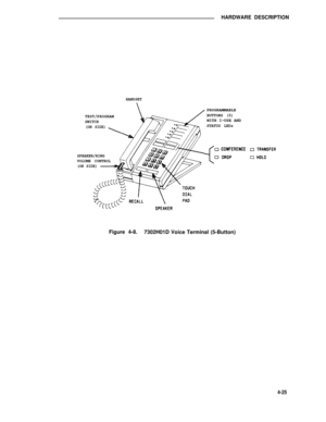 Page 475HARDWARE DESCRIPTION
HANDSET
PROGRAMMABLE
TEST/PROGRAMBUTTONS (5)
SWITCHWITH I-USE AND
(ON SIDE)STATUS LEDs
SPEAKER/RING
VOLUME CONTROL
(ON SIDE)
Figure 4-8.
7302H01D Voice Terminal (5-Button)
4-25 