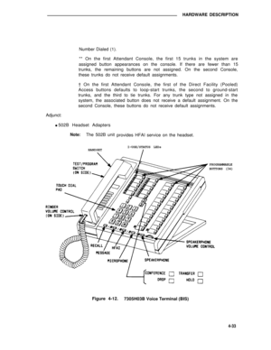 Page 483HARDWARE DESCRIPTION
Number Dialed (1).
** On the first Attendant Console, the first 15 trunks in the system are
assigned button appearances on the console. If there are fewer than 15
trunks, the remaining buttons are not assigned. On the second Console,
these trunks do not receive default assignments.
† On the first Attendant Console, the first of the Direct Facility (Pooled)
Access buttons defaults to loop-start trunks, the second to ground-start
trunks, and the third to tie trunks. For any trunk type...