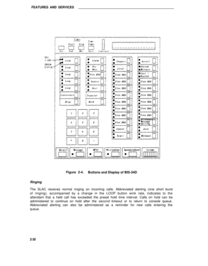 Page 61FEATURES AND SERVICES
Figure 2-4.
Buttons and Display of BIS-34D
Ringing
The SLAC receives normal ringing on incoming calls. Abbreviated alerting (one short burst
of ringing), accompanied by a change in the LOOP button wink rate, indicates to the
attendant that a held call has exceeded the preset hold time interval. Calls on hold can be
administered to continue on hold after the second timeout or to return to console queue.
Abbreviated alerting can also be administered as a reminder for new calls...