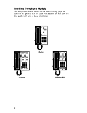 Page 6Multiline Telephone Models
The telephones shown below and on the following page are
some of the phones that are used with System 25. You can use
this guide with any of these telephones.
5-Button
10-Button10-Button BIS 