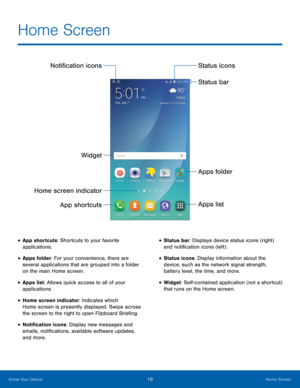 Page 16 
 
 
 
  
 
 
Home Screen
 
Noti�cation icons 
Widget 
Home screen indicat or 
App shor

tcuts 
• App shortcuts: Shortcuts to your favorite 
applications. 
• Apps folder: For your convenience, there are 
several applications that are grouped into a folder 
on the main Home screen. 
• Apps list: Allows quick access to all of your 
applications. 
• Home screen indicator: Indicates which 
Home screen is presently displayed. Swipe across 
the screen to the right to open Flipboard Brie�ng....