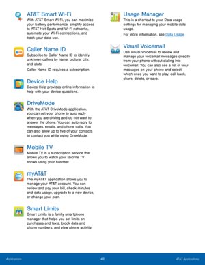 Page 48AT&T Smart Wi-Fi 
With AT&T Smart Wi-Fi, you can maximize 
your battery performance, simplify access 
to AT&T Hot Spots and Wi-Fi networks, 
automate your Wi-Fi connections, and 
track your data use. 
Caller Name ID 
Subscribe to Caller Name ID to identify 
unknown callers by name, picture, city, 
and state. 
Caller Name ID requires a subscription. 
Device Help 
Device Help provides online information to 
help with your device questions. 
DriveMode 
With the AT&T DriveMode application, 
you can set your...