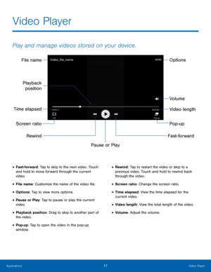 Page 83 
 
 
 
 
  
 
 
 
 
Video Player 
Play and manage videos stored on your device. 
File name 
Pop-up  Volume  Options 
Rewind  Fast-forward 
Playback 
position 
Screen ratio  Video length 
Time elapsed 
Pause or Play
 
• Fast-forward: Tap to skip to the next video. Touch 
and hold to move forward through the current 
video. 
• File name: Customize the name of the video �le. 
• Options: Tap to view more options. 
• Pause or Play: Tap to pause or play the current 
video. 
• Playback position: Drag...