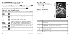 Page 24Shooting Video with Your Camcorder
 1    From the home screen, tap
  > Camcorder . 
  2     Zoom in or out by dragging the slider bar  . Tap 
 to begin recording and  
to stop  . Tap the video thumbnail in the corner of the screen to view the video 
you’ve just taken .
Tip: You can switch between camcorder and camera by tapping 
 .
Adjusting Your Video Settings
Before recording a video, you can tap   to open the following camcorder settings .
Video 
quality Choose the video quality as VGA or MMS Video...