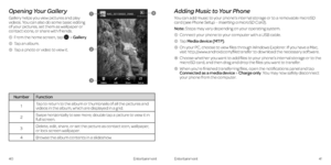 Page 25Opening Your Gallery
Gallery helps you view pictures and play  
videos . You can also do some basic editing  
of your pictures, set them as wallpaper or  
contact icons, or share with friends .
 1    From the home screen, tap 
 > Gallery .
  2  Tap an album .
  3  Tap a photo or video to view it  .
 
Number Function
1 Tap to return to the album or thumbnails of all the pictures and 
videos in the album, which are displayed in a grid .
2 Swipe horizontally to see more; double tap a picture to view it in...