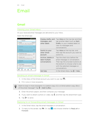 Page 124EmailGmail
Viewing your Gmail Inbox
All your received email messages are delivered to your Inbox.
Open the Gmail app. 
Display drafts, sent
messages, and
other labelsTap  Inbox  at the top bar and then
tap another label (such as  Sent,
Drafts , or your created label) to
view its messages and
conversations.Switch to your
other Gmail
accountTap  Inbox  at the top bar, and
then tap the account you want to
switch to.Archive, delete or
label multiple
conversationsTap the check box before the
email message or...