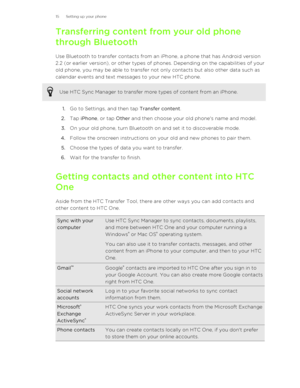 Page 15Transferring content from your old phonethrough Bluetooth
Use Bluetooth to transfer contacts from an iPhone, a phone that has Android version
2.2 (or earlier version), or other types of phones. Depending on the capabilities of your
old phone, you may be able to transfer not only contacts but also other data such as
calendar events and text messages to your new HTC phone.Use HTC Sync Manager to transfer more types of content from an iPhone.
1. Go to Settings, and then tap  Transfer content.
2. Tap  iPhone...